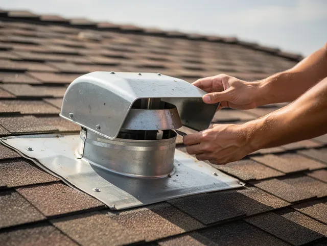Trumbull Dryer Vent Cleaning certified technician safely cleaning a roof-mounted dryer vent in Trumbull