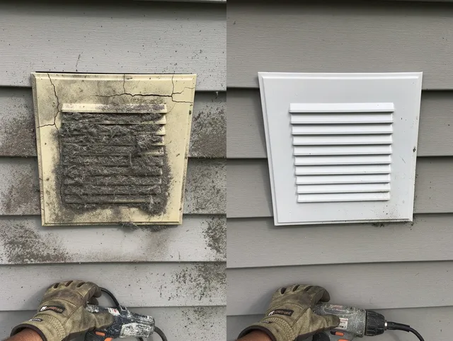 Trumbull Dryer Vent Cleaning technician installing high-quality dryer vent cover at a residential property in Trumbull