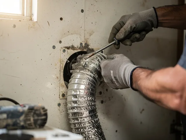 Trumbull Dryer Vent Cleaning technician performing precise dryer vent hose installation in Trumbull